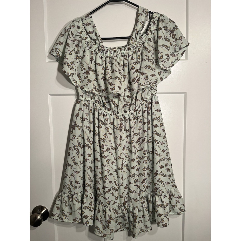 Mi Ami Womens Floral Off Shoulder Ruffle Dress Mint Green Chiffon Mini Small